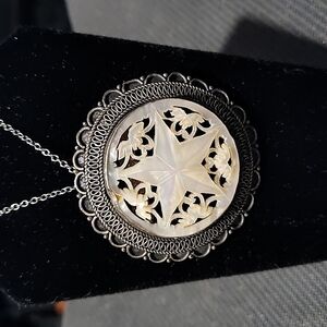 Israeli Carved Mother of pearl Sterling Silver Necklace Pin